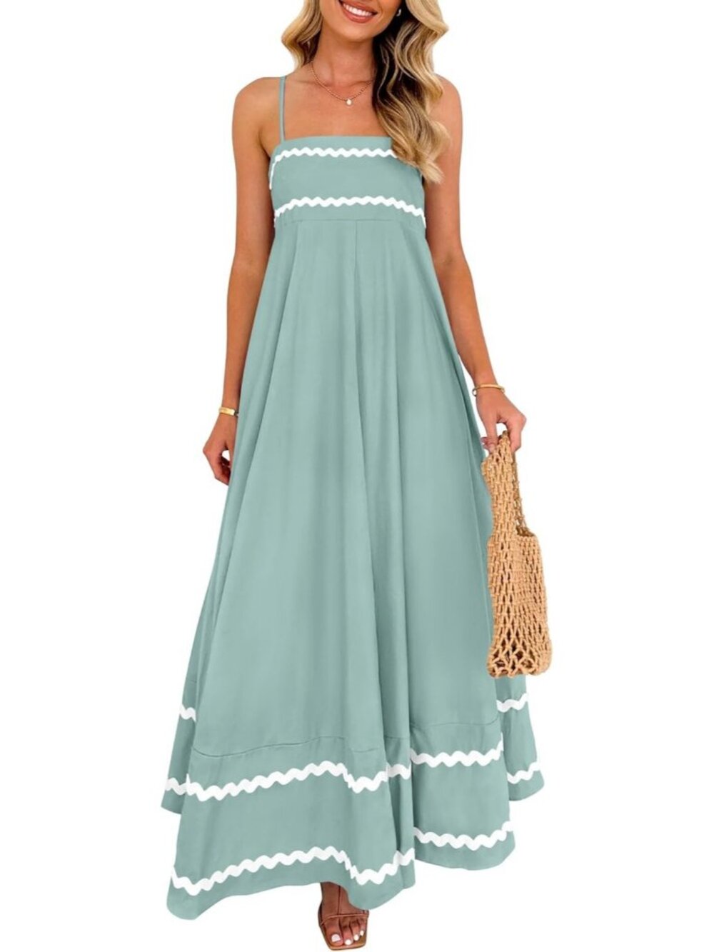 Women's Sage Green Flowy Maxi Summer Sleeveless Strap Ruffle Beach Long Dress